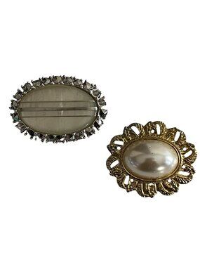 Vintage Faux Pearl Brooch Lot Gold Tone Oval Cabochon Rhinestone Frame Pin Set